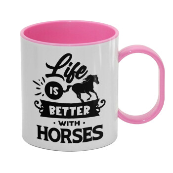 Life is Better with a Horses, Κούπα (πλαστική) (BPA-FREE) Polymer Ροζ για παιδιά, 330ml