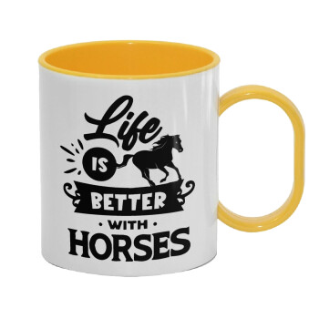 Life is Better with a Horses, Κούπα (πλαστική) (BPA-FREE) Polymer Κίτρινη για παιδιά, 330ml
