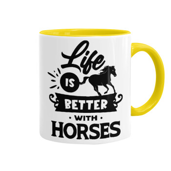 Life is Better with a Horses, Κούπα χρωματιστή κίτρινη, κεραμική, 330ml