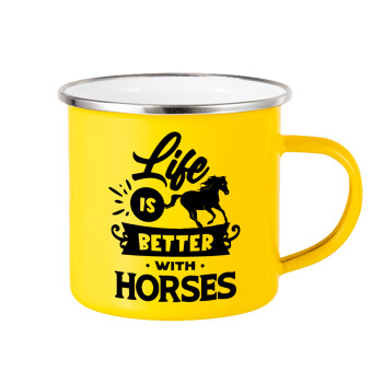 Life is Better with a Horses, Κούπα Μεταλλική εμαγιέ Κίτρινη 360ml