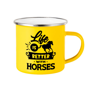 Life is Better with a Horses, Yellow Enamel Metallic Cup 360ml