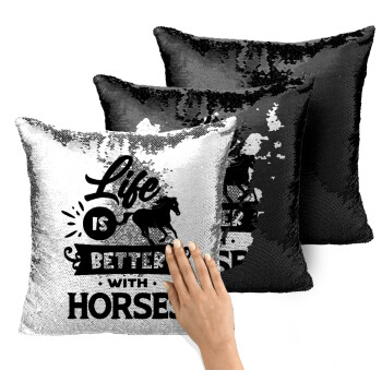 Life is Better with a Horses, Μαξιλάρι καναπέ Μαγικό Μαύρο με πούλιες 40x40cm περιέχεται το γέμισμα