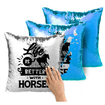 Life is Better with a Horses, Μαξιλάρι καναπέ Μαγικό Μπλε με πούλιες 40x40cm περιέχεται το γέμισμα