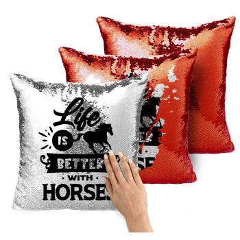 Life is Better with a Horses, Μαξιλάρι καναπέ Μαγικό Κόκκινο με πούλιες 40x40cm περιέχεται το γέμισμα