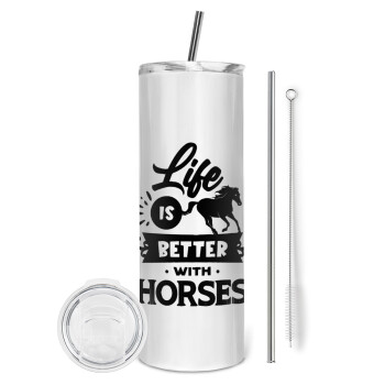 Life is Better with a Horses, Eco friendly ποτήρι θερμό (tumbler) από ανοξείδωτο ατσάλι 600ml, με μεταλλικό καλαμάκι & βούρτσα καθαρισμού