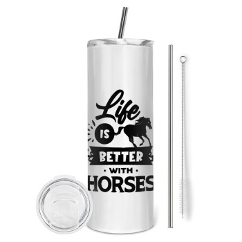 Life is Better with a Horses, Tumbler stainless steel 600ml, with metal straw & cleaning brush