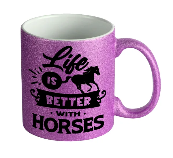 Life is Better with a Horses — Κούπα Μωβ Glitter που γυαλίζει, κεραμική, 330ml