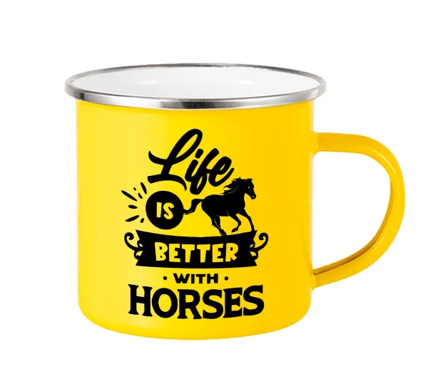 Life is Better with a Horses — Yellow Enamel Metallic Cup 360ml