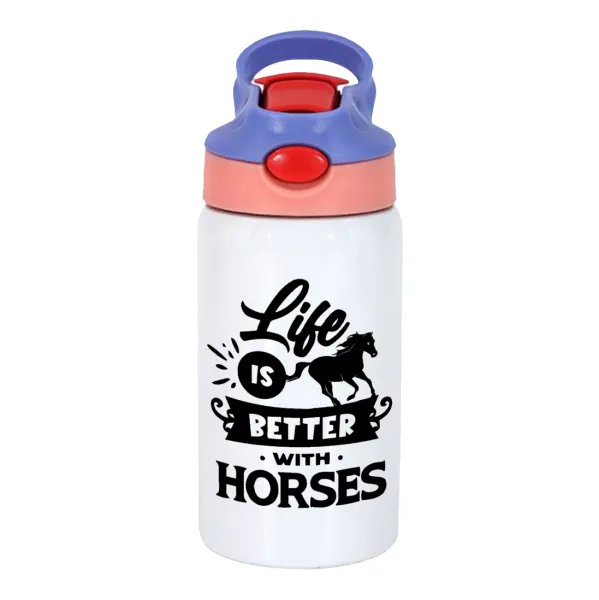 Life is Better with a Horses — Παιδικό παγούρι θερμό, ανοξείδωτο, με καλαμάκι ασφαλείας, ροζ/μωβ (350ml)