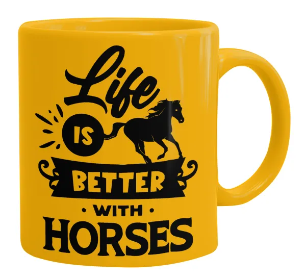 Life is Better with a Horses — Ceramic coffee mug yellow, 330ml