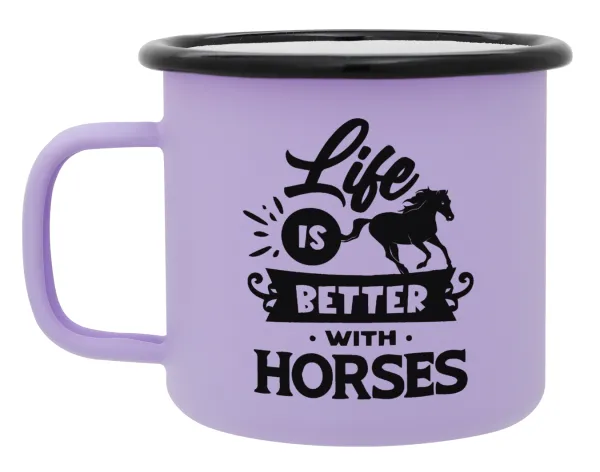 Life is Better with a Horses — Metal enamel mug, matte light pastel purple, 360ml