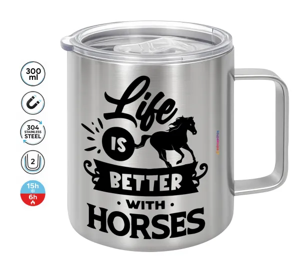 Life is Better with a Horses — Double-walled stainless steel mug 300ml with temperature-retaining lid