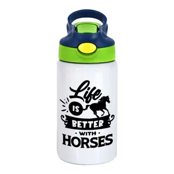 Life is Better with a Horses, Children's hot water bottle, stainless steel, with safety straw, green, blue (350ml)