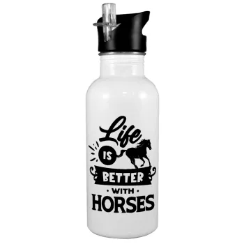 Life is Better with a Horses, Παγούρι νερού Λευκό με καλαμάκι, ανοξείδωτο ατσάλι 600ml