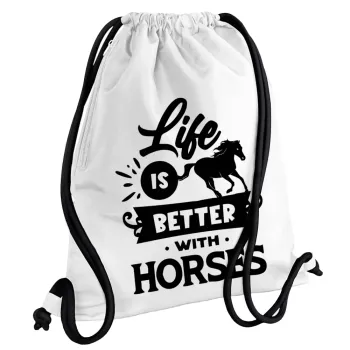 Life is Better with a Horses, Τσάντα πλάτης πουγκί GYMBAG λευκή, με τσέπη (40x48cm) & χονδρά κορδόνια