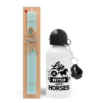 Life is Better with a Horses, Πασχαλινή Λαμπάδα με παγούρι μεταλλικό αλουμινίου (500ml) & λαμπάδα αρωματική πλακέ (30cm) (ΤΙΡΚΟΥΑΖ)