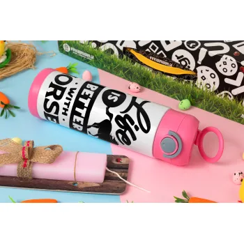 Life is Better with a Horses, Πασχαλινή Λαμπάδα με Παιδικό παγούρι θερμό, ανοξείδωτο, με καλαμάκι ασφαλείας, ΡΟΖ (500ml)