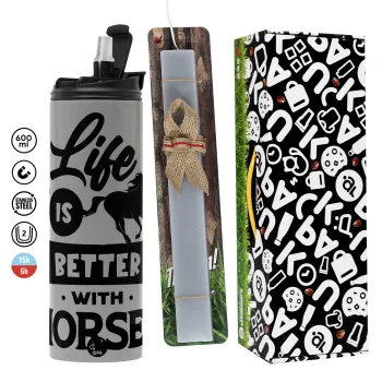Life is Better with a Horses, Πασχαλινή Λαμπάδα με Travel Tumbler θερμό (600ml, BPA free) & κερί αρωματικό πλακέ (30cm) (ΓΚΡΙ)