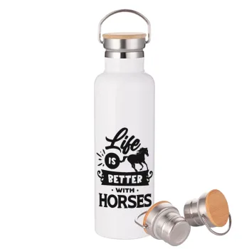 Life is Better with a Horses, Μεταλλικό παγούρι θερμός (Stainless steel) Λευκό με ξύλινο καπάκι (bamboo), διπλού τοιχώματος, 750ml