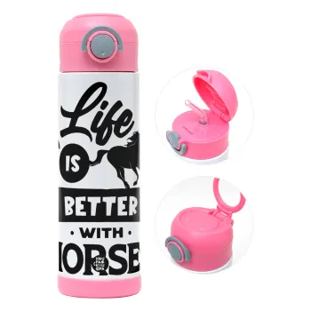 Life is Better with a Horses, Children's hot water bottle, stainless steel, with safety straw, PINK (500ml)