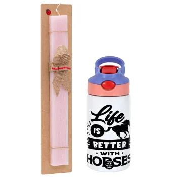 Life is Better with a Horses, Easter Set, Children's thermal stainless steel water bottle with safety straw, pink/purple (350ml) & Easter scented flat candle (30cm) (PINK)