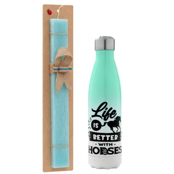 Life is Better with a Horses, Easter Set, Metallic green/white thermos (Stainless steel), double-walled, 500ml & scented flat Easter candle (30cm) (TURQUOISE)