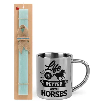 Life is Better with a Horses, Easter Set, metallic thermal cup (300ml) & aromatic flat Easter candle (30cm) (TURQUOISE)