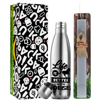 Life is Better with a Horses, Easter Set, metallic stainless thermos flask (500ml) & scented flat Easter candle (30cm) (GRAY)