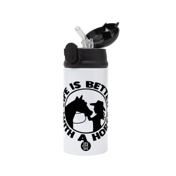 Life is Better with a Horse, Children's hot water bottle, stainless steel, with safety straw, Black (360ml) BPA-FREE