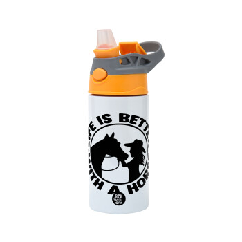 Life is Better with a Horse, Παιδικό παγούρι θερμό, ανοξείδωτο, με καλαμάκι ασφαλείας, Πορτοκαλί/Γκρι (360ml) BPA-FREE