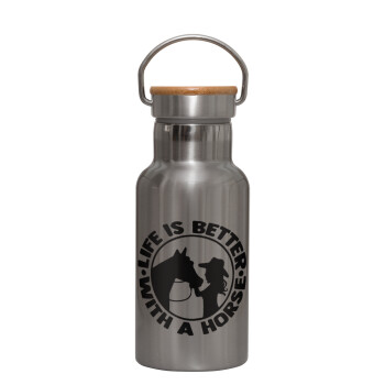 Life is Better with a Horse, Stainless steel metallic thermos flask, silver with a bamboo lid, double-walled, 350ml.
