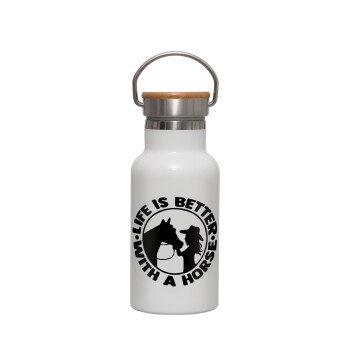 Life is Better with a Horse, Metallic thermos (Stainless steel) White with wooden lid (bamboo), double-walled, 350ml