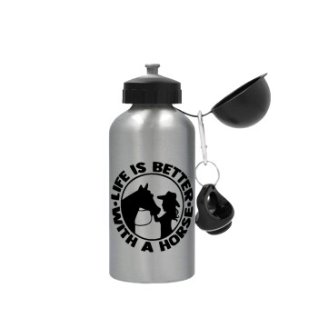 Life is Better with a Horse, Metallic water jug, Silver, aluminum 500ml