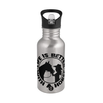 Life is Better with a Horse, Water bottle Silver with straw, stainless steel 500ml