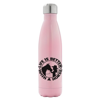 Life is Better with a Horse, Metal mug thermos Pink Iridiscent (Stainless steel), double wall, 500ml