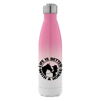 Life is Better with a Horse, Metal mug thermos Pink/White (Stainless steel), double wall, 500ml