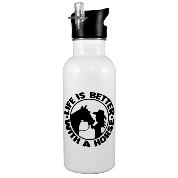 Life is Better with a Horse, White water bottle with straw, stainless steel 600ml