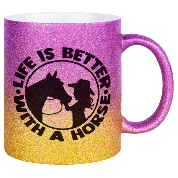 Life is Better with a Horse, Κούπα Χρυσή/Ροζ Glitter, κεραμική, 330ml