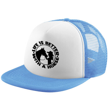 Life is Better with a Horse, Καπέλο παιδικό Soft Trucker με Δίχτυ ΓΑΛΑΖΙΟ/ΛΕΥΚΟ (POLYESTER, ΠΑΙΔΙΚΟ, ONE SIZE)