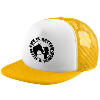 Life is Better with a Horse, Καπέλο παιδικό Soft Trucker με Δίχτυ ΚΙΤΡΙΝΟ/ΛΕΥΚΟ (POLYESTER, ΠΑΙΔΙΚΟ, ONE SIZE)