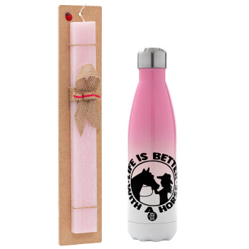 Life is Better with a Horse, Easter Set, Metallic pink/white (Stainless steel) thermos, double-walled, 500ml & aromatic flat Easter candle (30cm) (PINK)