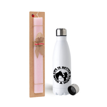 Life is Better with a Horse, Easter Set, metallic stainless steel water bottle (750ml) & scented flat Easter candle (30cm) (PINK)