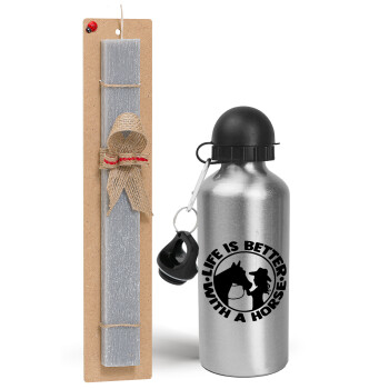 Life is Better with a Horse, Easter Set, metallic silver aluminum water bottle (500ml) & aromatic flat Easter candle (30cm) (GRAY)