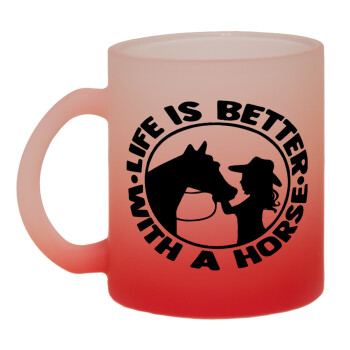 Life is Better with a Horse, Κούπα γυάλινη δίχρωμη με βάση το κόκκινο ματ, 330ml