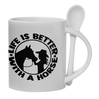 Life is Better with a Horse, Ceramic coffee mug with Spoon, 330ml (1pcs)