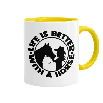 Life is Better with a Horse, Κούπα χρωματιστή κίτρινη, κεραμική, 330ml