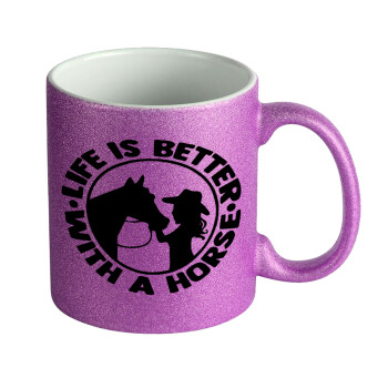 Life is Better with a Horse, Κούπα Μωβ Glitter που γυαλίζει, κεραμική, 330ml