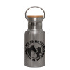Stainless steel metallic thermos flask, silver with a bamboo lid, double-walled, 350ml.