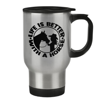 Life is Better with a Horse, Κούπα ταξιδιού ανοξείδωτη με καπάκι, διπλού τοιχώματος (θερμό) 450ml