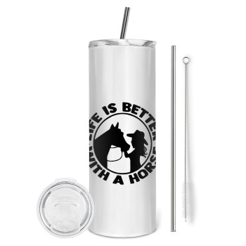 Life is Better with a Horse, Eco friendly stainless steel tumbler 600ml, with metal straw & cleaning brush